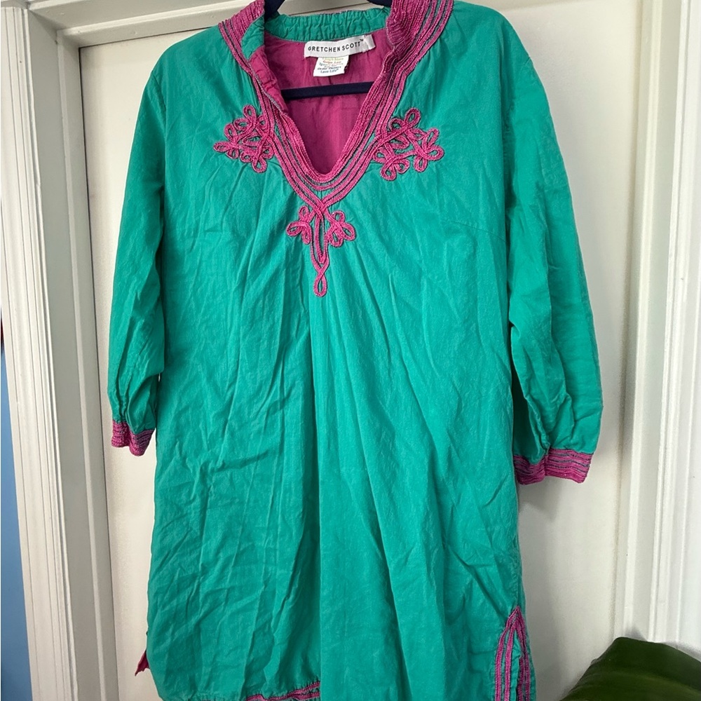 Teal and Pink Tunic Gretchen Scott 20” pit to pit 100% cotton